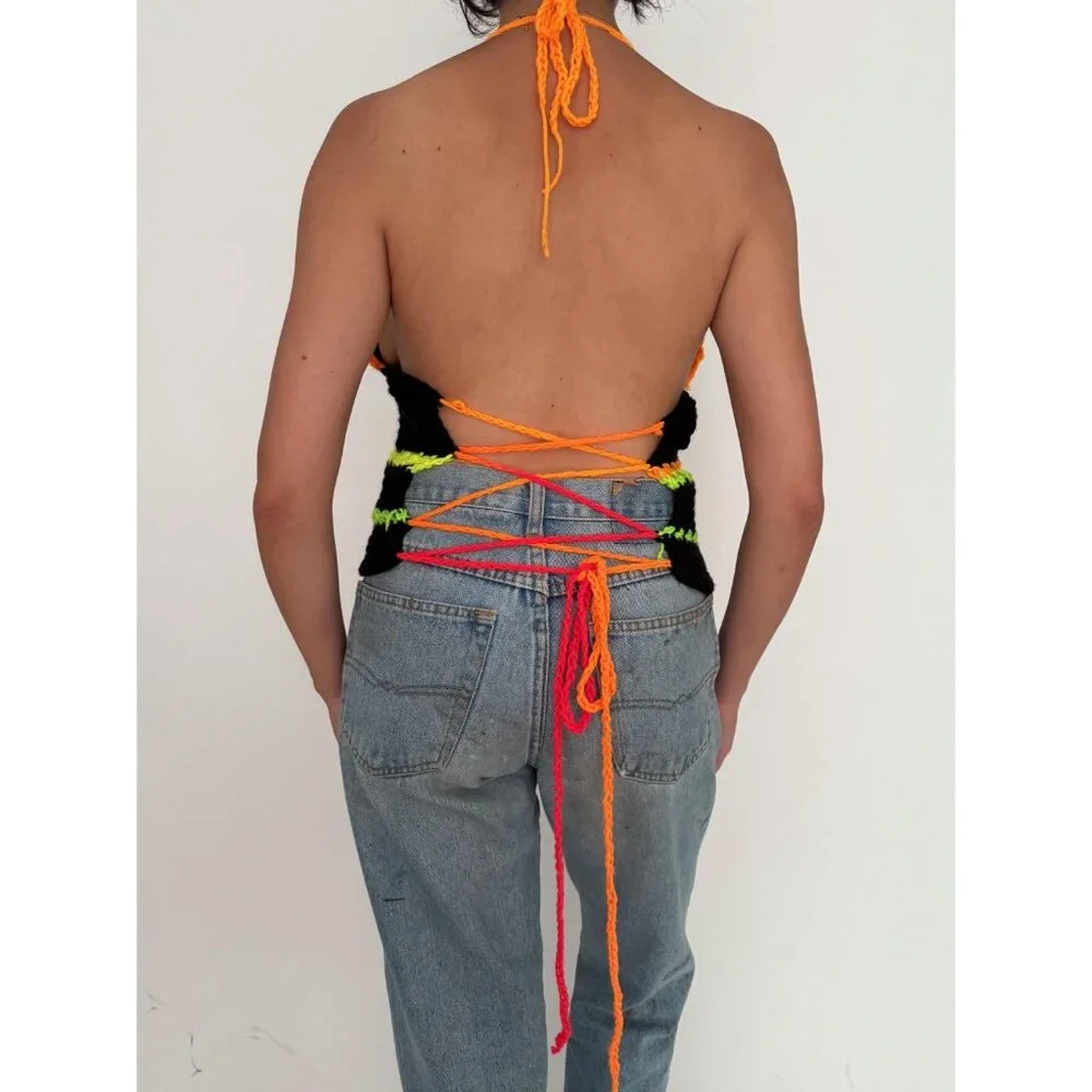 Vintage black colorful hand knit crochet festival backless halter tank crop top - Picture 4 of 10